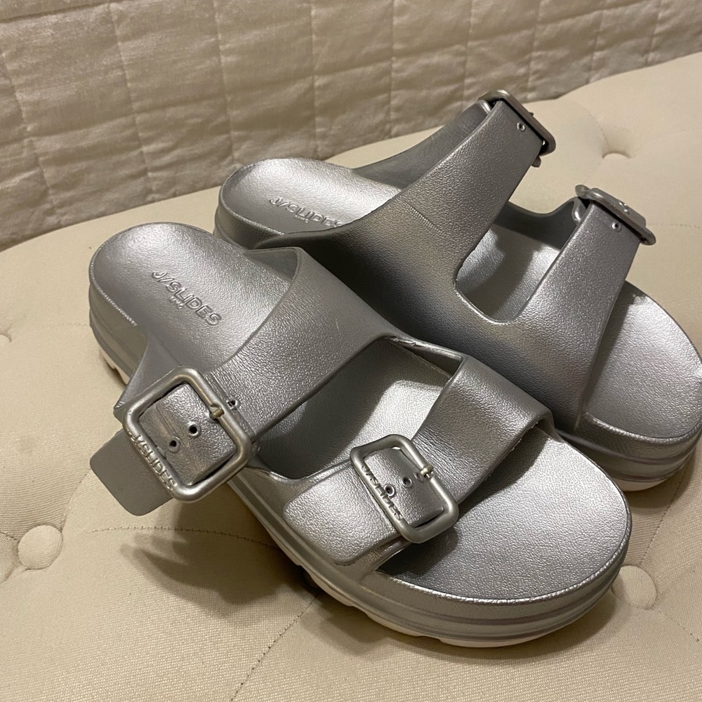 J/SLIDES Metallic Silver Buckle Sandals